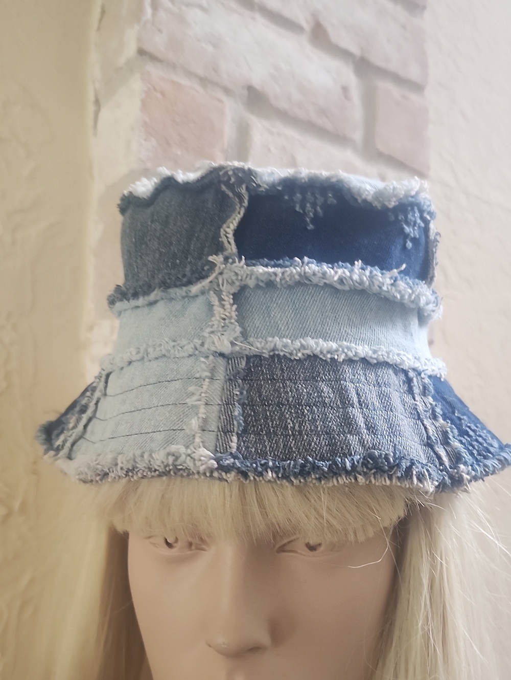 Frayed Patchwork Denim Bucket Hat Blue Jean Sun Cap One Size